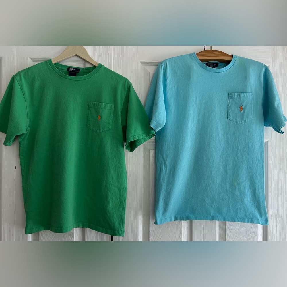 VINTAGE 90s Polo Ralph Lauren Pocket T Shirt BUNDLE Youth XL  Blue Green PTP 18”